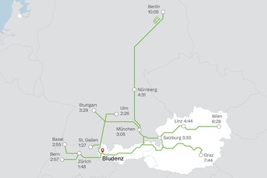 Die wichtigsten Bahnverbindungen nach Bludenz